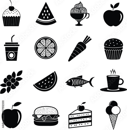 A collection of food icons in black and white silhouettes
