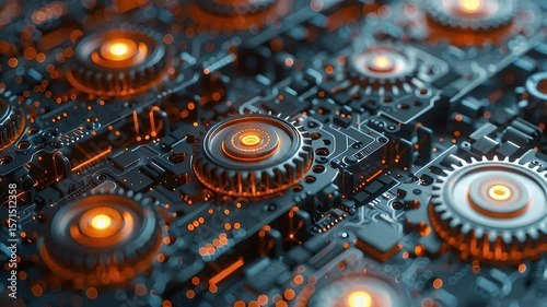 Futuristic Circuit Board with Glowing Black and Orange Gears Creating High Tech Aesthetic Atmosphere