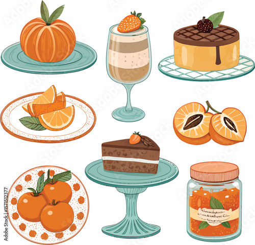 Various orange desserts and fruits are arranged on plates and dishes