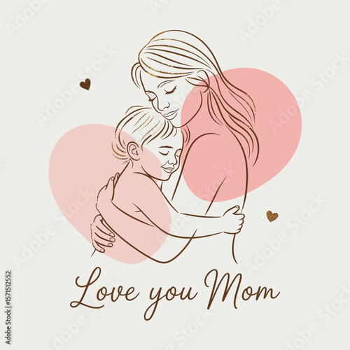 Mother and Child Embracing Line Art with Pink and Brown Accents