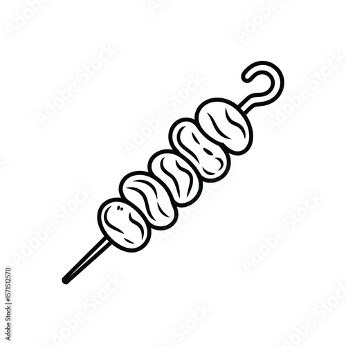 Simple black and white line drawing of a skewer with five meatballs