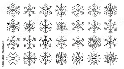A collection of hand drawn winter snowflakes on a white background for christmas and holiday design