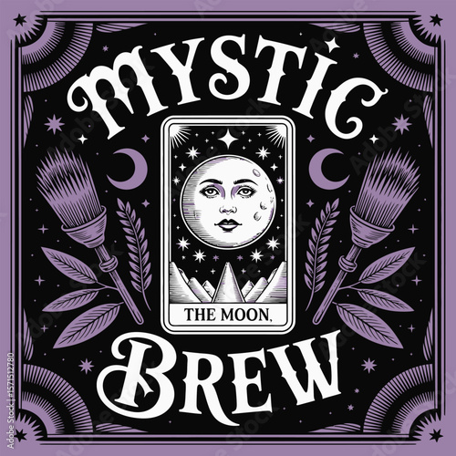 Mystic Brew Illustration with The Moon Tarot Card, Stars, and Floral Elements