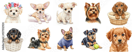 Cute dogs with various expressions and poses on white background  
