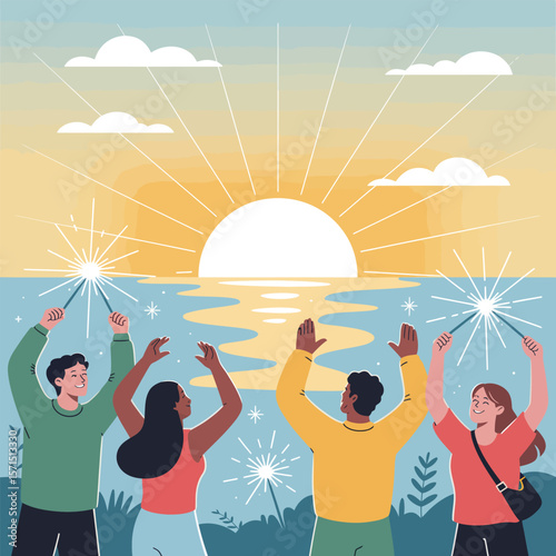 People Celebrating with Sparklers and Sunset Illustration