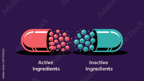Capsule being split into active and inactive ingredients in pharmaceutical vector illustration