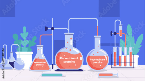 Flasks labeled 'recombinant proteins' in biotech lab vector illustration
