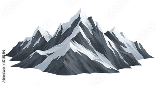 Stylized low poly snow capped mountain range with sharp peaks and rugged texture isolated on white background