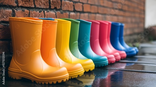 Colorful rain boots for kids waterproof footwear rubber wellies against brick wall outdoor fashion style