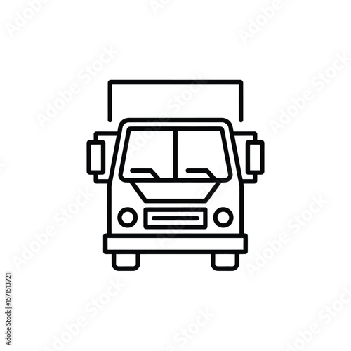 Front view black line art icon of a delivery truck or box truck