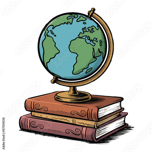 Vector art of a colorful globe rests on a stack of antique books, isolated on white background