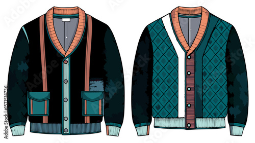Men's cardigan Technical drawing APPAREL template, knitted garments, Cardigan vector flat sketch, knitting