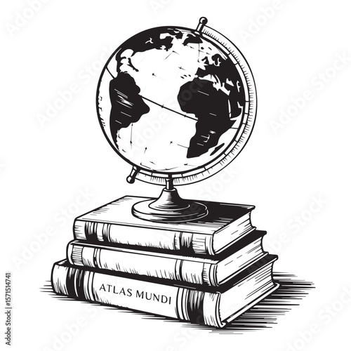 Vector art of a vintage globe sits atop a stack of old books, isolated on white background