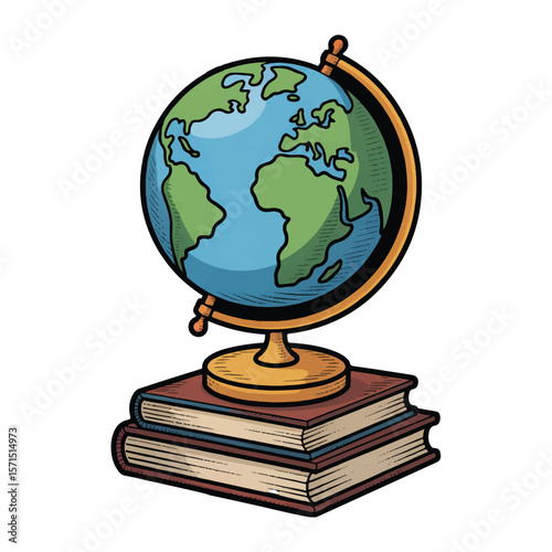 Vector art of a vintagestyle globe sits atop two books, isolated on white background