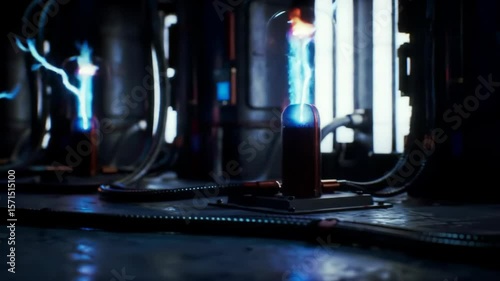 Cinematic animation of a futuristic power system with electrical capacitors discharging lightning and sparks in a high-tech lab
