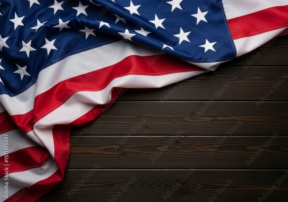 Obraz premium A vibrant American flag draped over a dark wooden surface