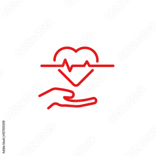 Red heart health icon showing a heartbeat line inside a heart with a supportive hand below.