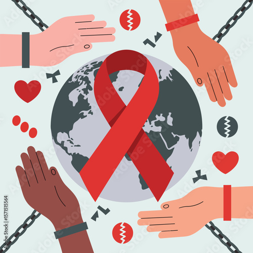 Red ribbon over a globe with hands, chains, hearts, and broken circles