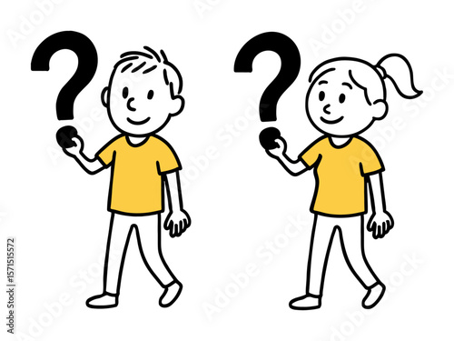 Boy And Girl Holding Question Mark. Simple Line Drawing, Hand Drawn Doodle Art, Curious Expression Vector Illustration