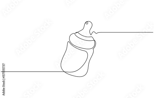 Continuous single drawn one line bottle for feeding babies. Bottle nipple of baby pacifier, Bottle nipple of baby pacifier. Baby feeding concept line art minimal design isolated on white background.