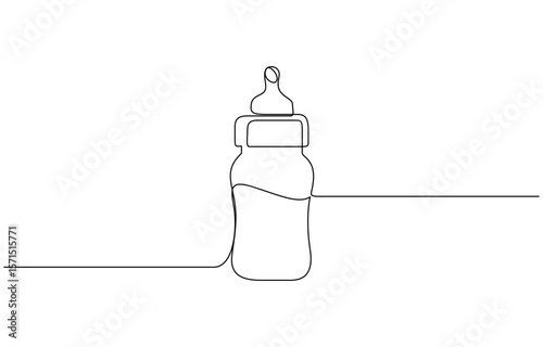 Continuous single drawn one line bottle for feeding babies. Bottle nipple of baby pacifier, Bottle nipple of baby pacifier. Baby feeding concept line art minimal design isolated on white background.