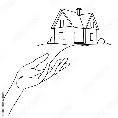 Minimalist Continuous Line Drawing Hand Holding House Isolated
