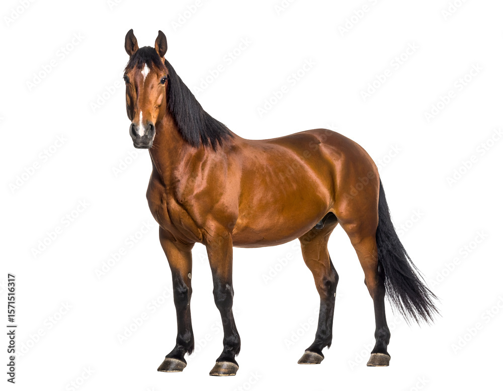 Obraz premium A majestic brown horse with a dark mane and tail stands proudly, showcasing its powerful physique.