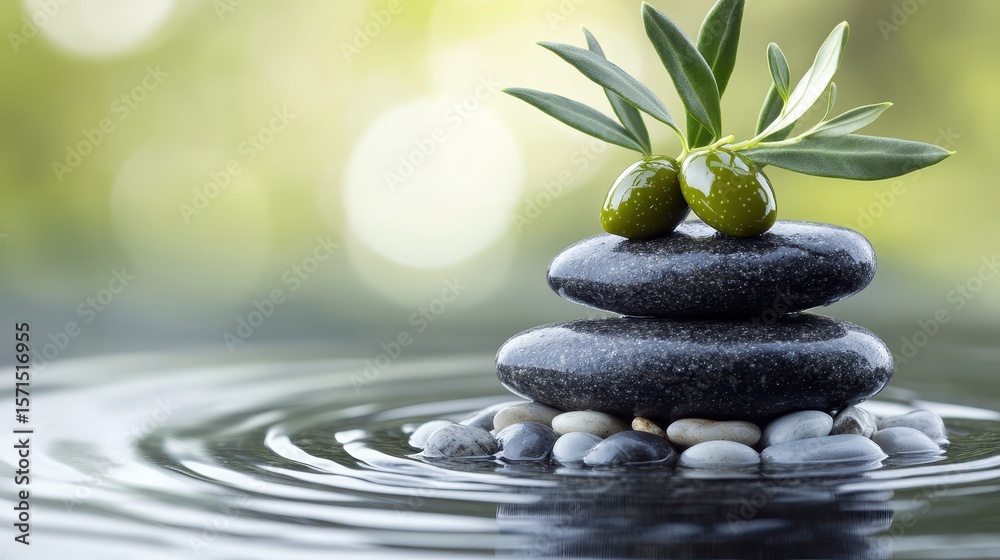 Obraz premium Tranquil Balance of Stones and Leaves on Water Surface in Nature