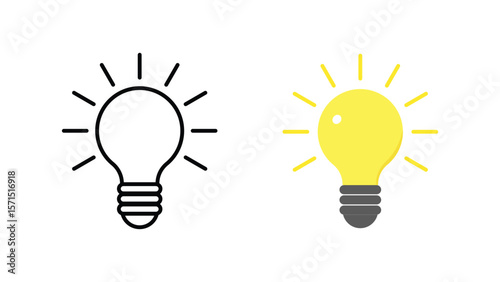 Two lightbulb icons on a white background one outlined the other yellow and lit with a blue base
