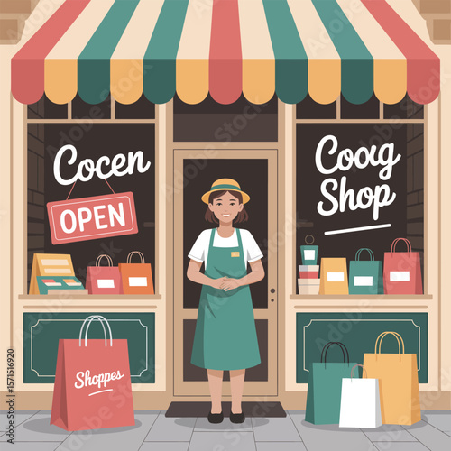 Shopfront with awning, shopkeeper, shopping bags, and " Open" sign
