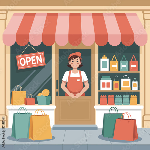 Shopkeeper standing in doorway of shop with open sign and shopping bags
