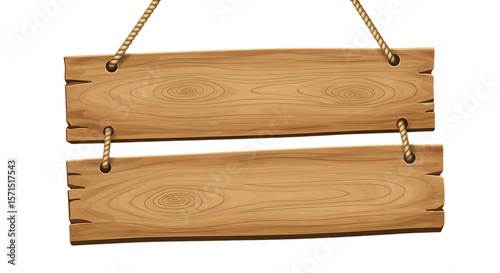 Two rustic weathered wooden planks hanging by thick natural rope from a white background isolated on white background