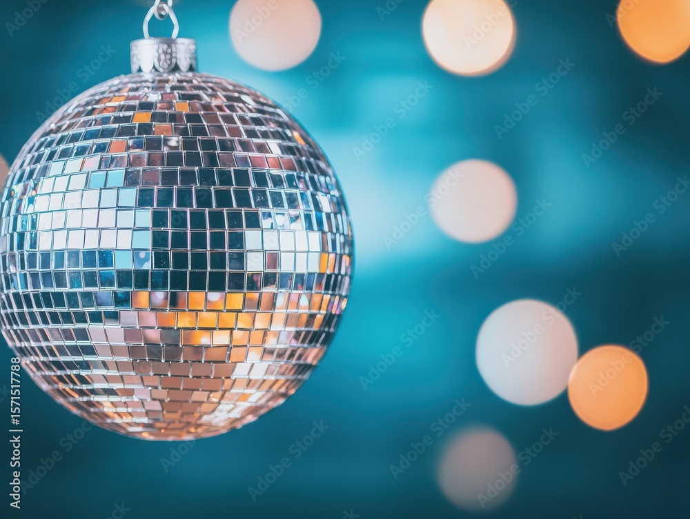 Obraz premium A shiny disco ball ornament reflecting light, with blurred colorful bokeh lights in the background.