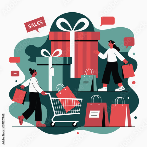 Shopping scene with gift boxes and shoppers during a sales event