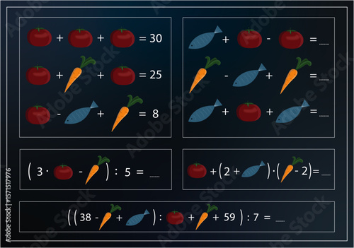 Colorful educational math puzzle for kids featuring tomatoes, carrots, and fish in logic equations. Fun arithmetic game for children to develop problem-solving and counting skills. Ideal for school wo