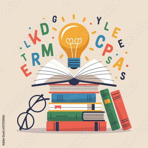 Stack of Books with Lightbulb and Alphabet Letters Illustration