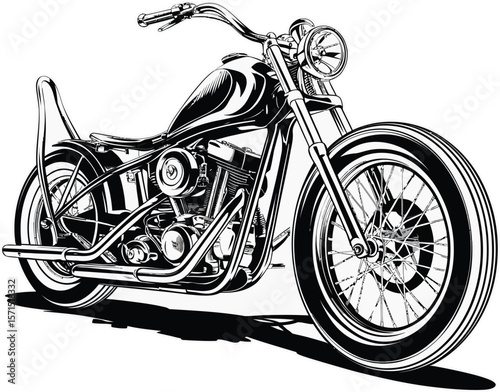 A classic black motorcycle is isolated on white background