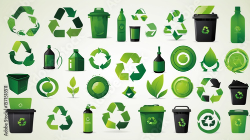 A set of recycling symbols in various styles, including solid green, outlined black, and gradient green, showcasing eco-friendly concepts in a clean vector format