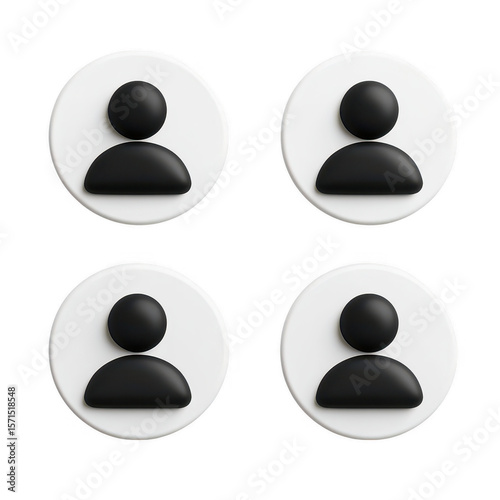 Four simple abstract person icons with black silhouettes on white circles isolated on transparent background
