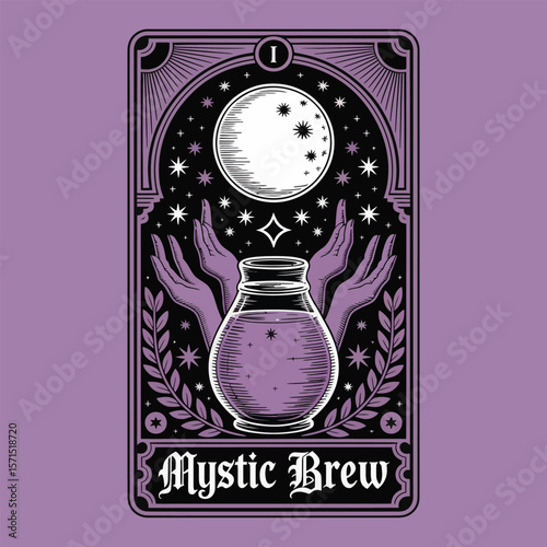 Tarot card illustration of a mystic brew with moon stars and hands
