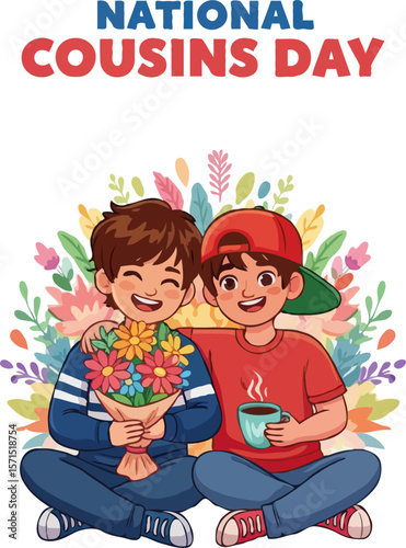 Cartoon Cousins Celebrating with Flowers and Coffee, Smiling and Embracing