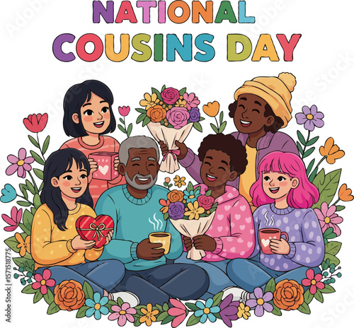 Cartoon Cousins Celebrating Together with Gifts, Flowers, and Drinks on National Cousins Day