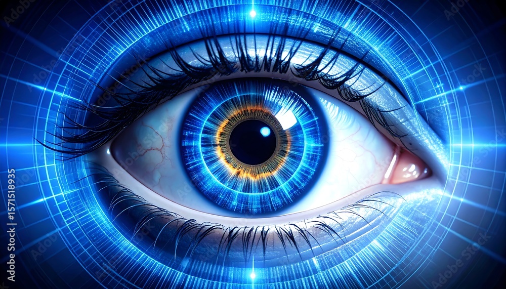 Obraz premium Close-up of a blue glowing eye surrounded by digital circuitry