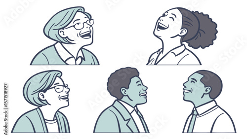 Diverse group of people laughing and looking up vector illustration for positive emotion and joy concept