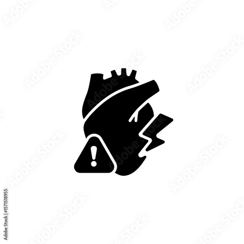 A black anatomical heart with a warning exclamation icon, representing caution or alertness.