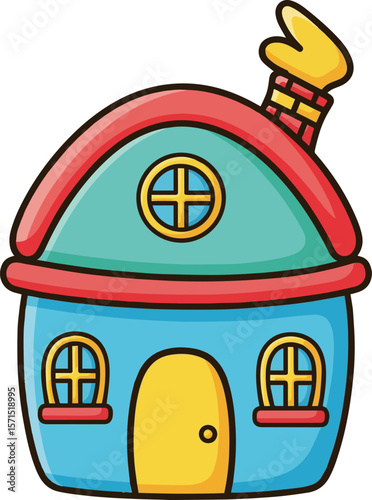 Whimsical Cartoon House with Red Roof, Yellow Door, and Chimney
