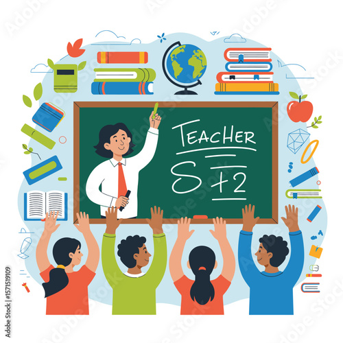 Teacher with chalkboard and students raising hands in classroom setting