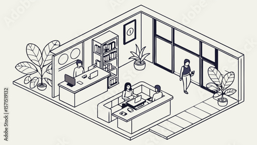 Isometric office space design vector illustration for coworking and creative team collaboration workplace 3d