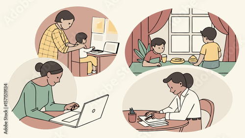 Work from home lifestyle illustration showing remote work online learning and family time during quarantine days