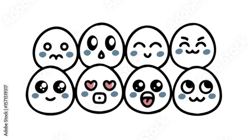 Cute kawaii emoji faces vector illustration for stickers and graphic design projects featuring happy expressions